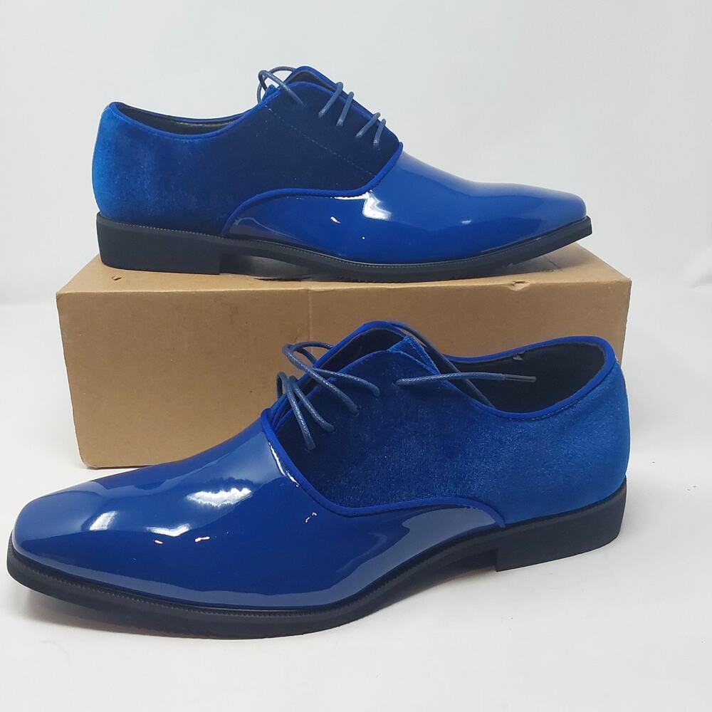 Mens Blue Patent Leather & Velvet Dress Shoes Oxford Lace Up Formal